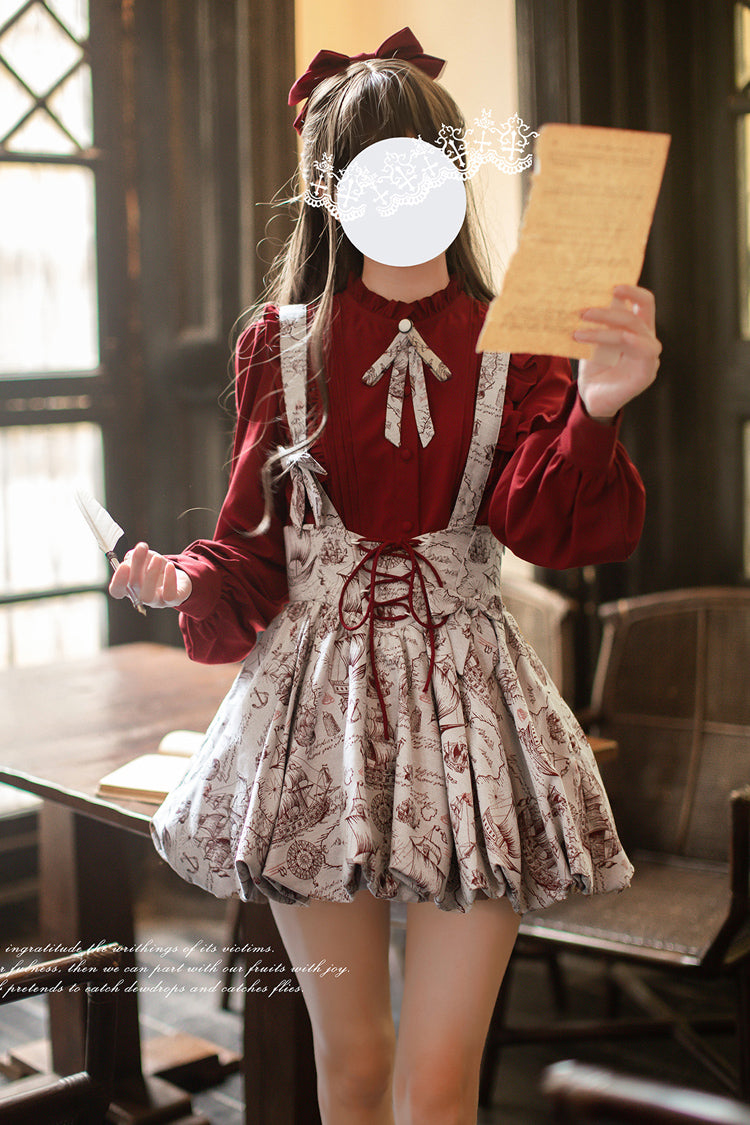 Lolita Skirt - Elise, Gray, Ruffled, Printed, Lace-Up - Alternative Fashion Skirt - main product image