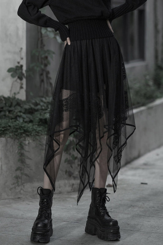 Lolita Skirt - Embroidery Lace Asymmetric Hem, Black, Women's Style, Lace Trim - main product image
