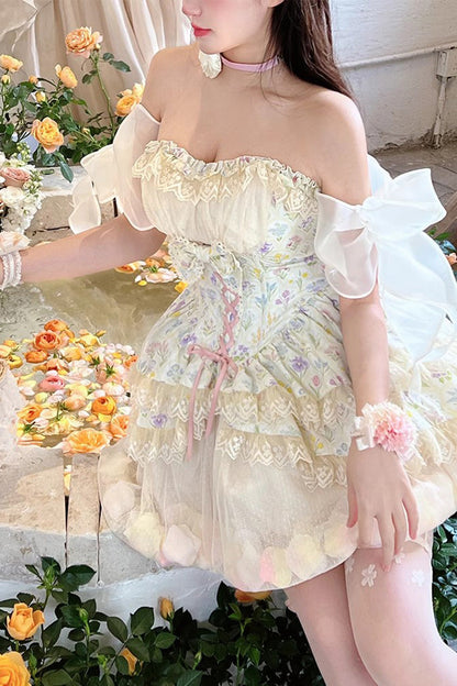 Lolita Skirt - Flower Story, Ivory, Bow Detail, Lace Trim, Printed - additional product view 2