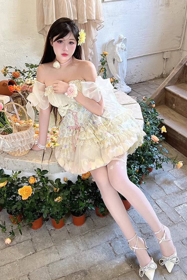Lolita Skirt - Flower Story, Ivory, Bow Detail, Lace Trim, Printed - additional product view 6