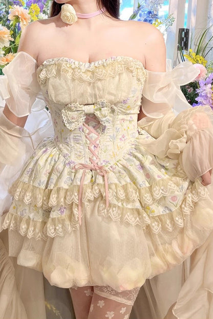Lolita Skirt - Flower Story, Ivory, Bow Detail, Lace Trim, Printed - main product image