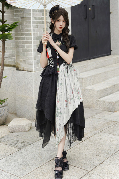 Lolita Skirt - Frost Moon Night Print Irregular, Black, Chinese-Inspired Style, Printed - additional product view 5