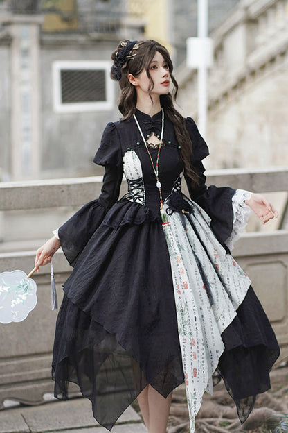Lolita Skirt - Frost Moon Night Print Irregular, Black, Chinese-Inspired Style, Printed - additional product view 9
