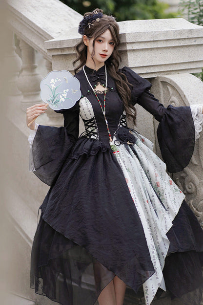 Lolita Skirt - Frost Moon Night Print Irregular, Black, Chinese-Inspired Style, Printed - additional product view 11