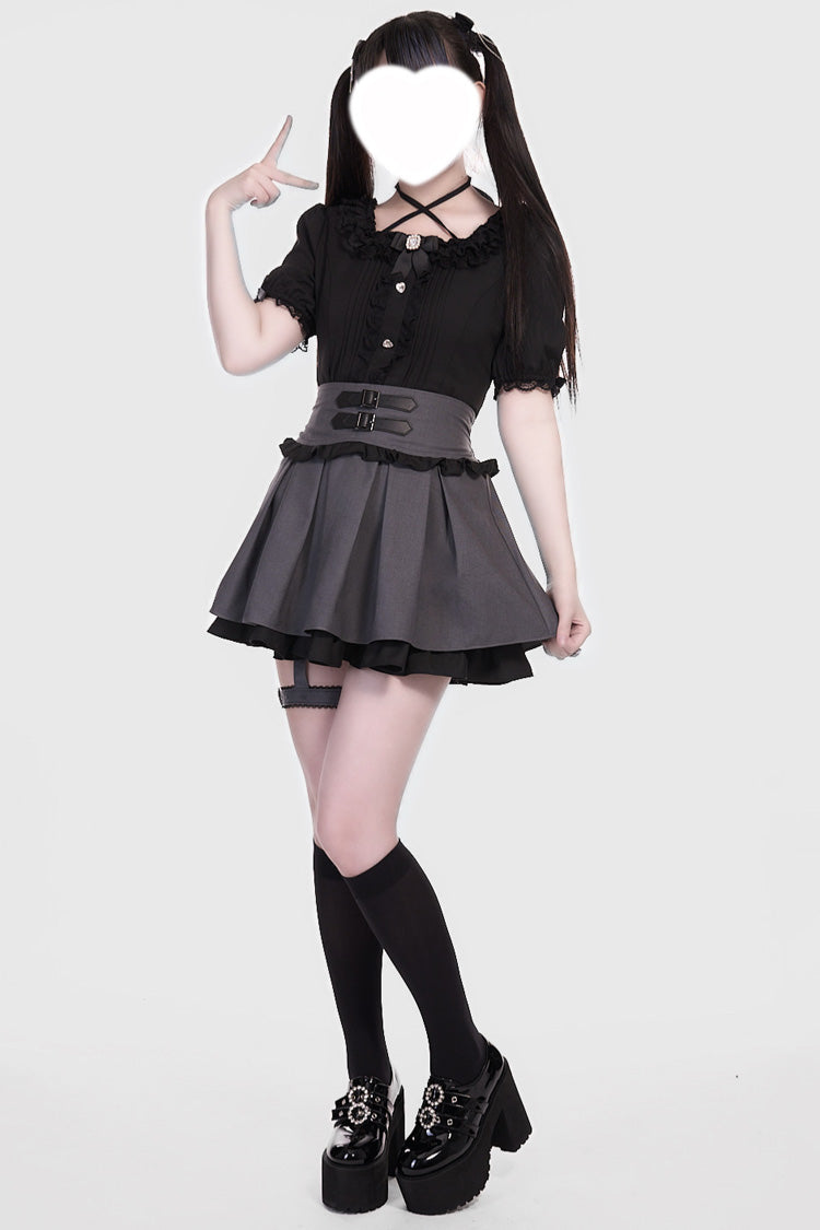 Lolita Skirt - Grey/black Leather Buckle Leg, 2 Colors, Buckle Detail, Sweet Style - additional product view 2