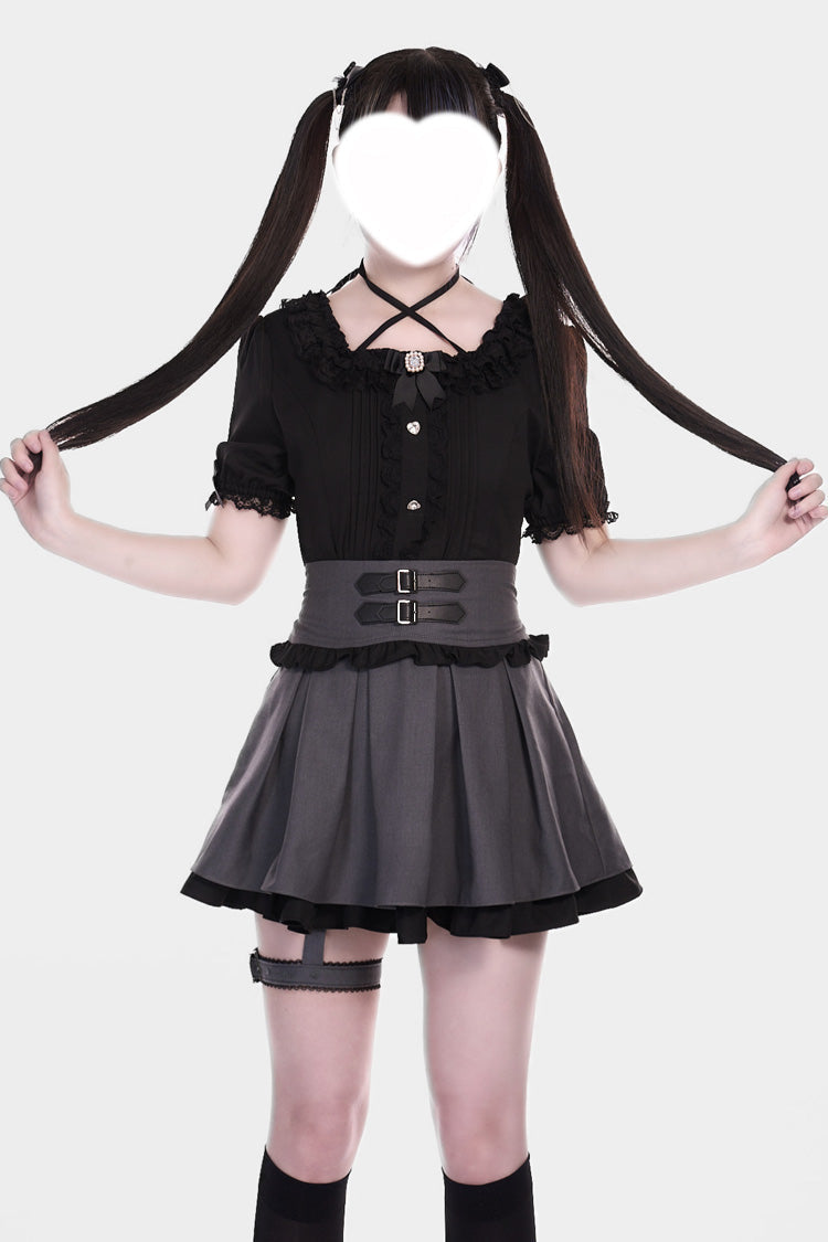 Lolita Skirt - Grey/black Leather Buckle Leg, 2 Colors, Buckle Detail, Sweet Style - additional product view 3