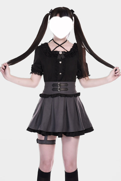Lolita Skirt - Grey/black Leather Buckle Leg, 2 Colors, Buckle Detail, Sweet Style - additional product view 3