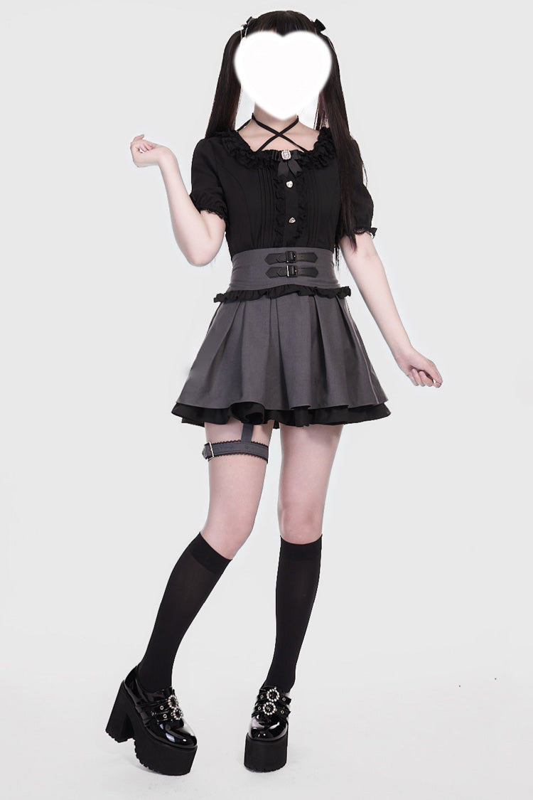 Lolita Skirt - Grey/black Leather Buckle Leg, 2 Colors, Buckle Detail, Sweet Style - additional product view 4