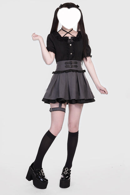 Lolita Skirt - Grey/black Leather Buckle Leg, 2 Colors, Buckle Detail, Sweet Style - additional product view 4