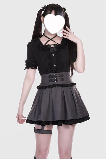 Lolita Skirt - Grey/black Leather Buckle Leg, 2 Colors, Buckle Detail, Sweet Style - main product image
