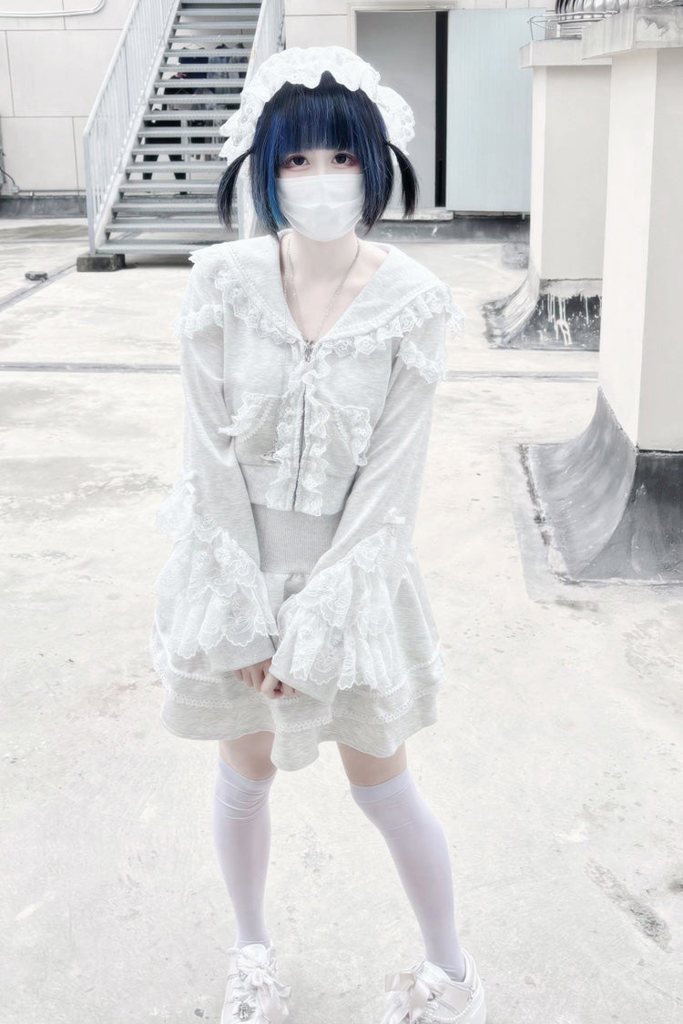Lolita Skirt - Heartbeat Rhythm, Gray, Ruffled, Long Sleeves, Lace Trim - additional product view 2