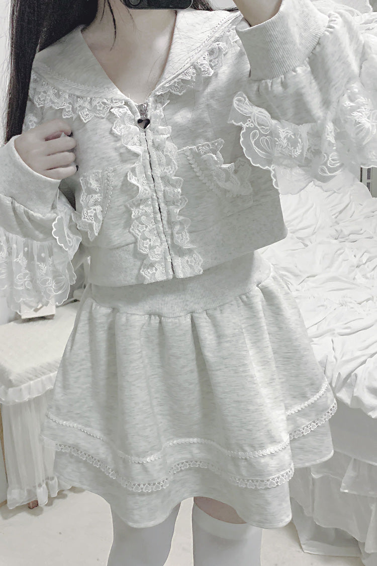 Lolita Skirt - Heartbeat Rhythm, Gray, Ruffled, Long Sleeves, Lace Trim - additional product view 4