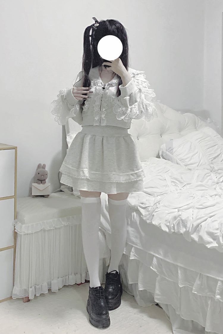Lolita Skirt - Heartbeat Rhythm, Gray, Ruffled, Long Sleeves, Lace Trim - additional product view 9