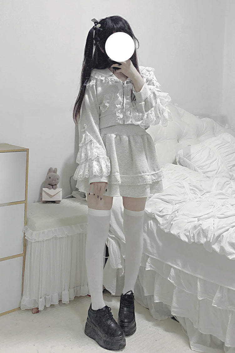 Lolita Skirt - Heartbeat Rhythm, Gray, Ruffled, Long Sleeves, Lace Trim - additional product view 10