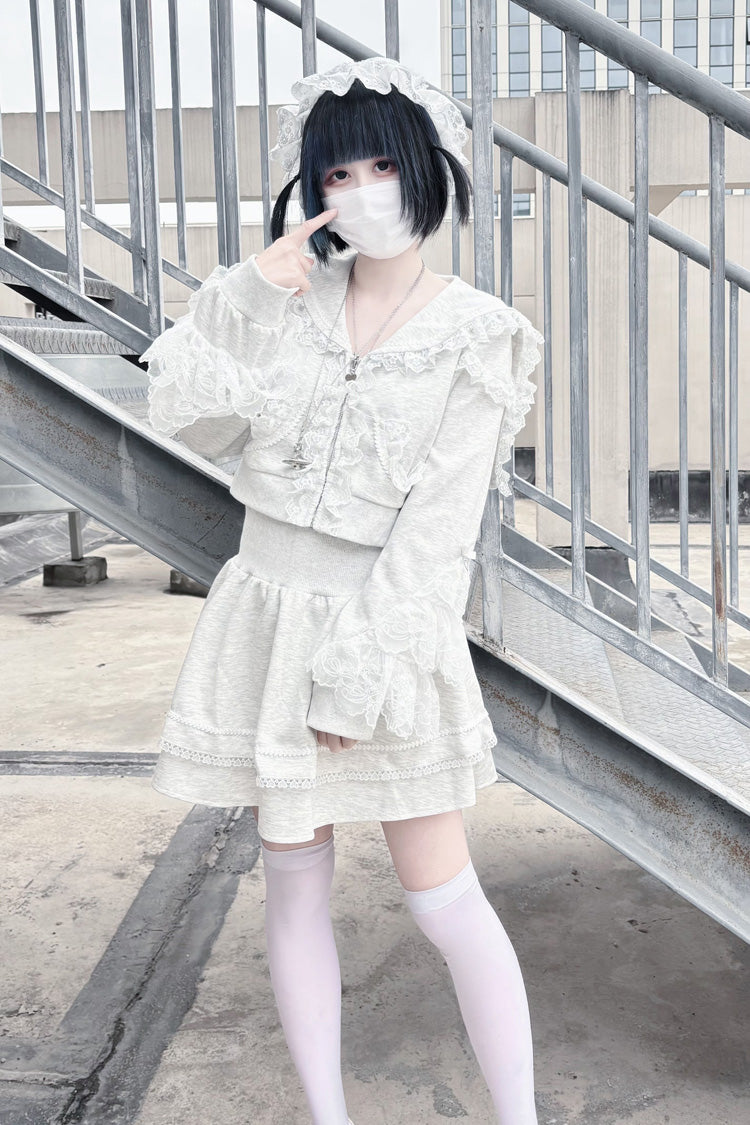 Lolita Skirt - Heartbeat Rhythm, Gray, Ruffled, Long Sleeves, Lace Trim - main product image