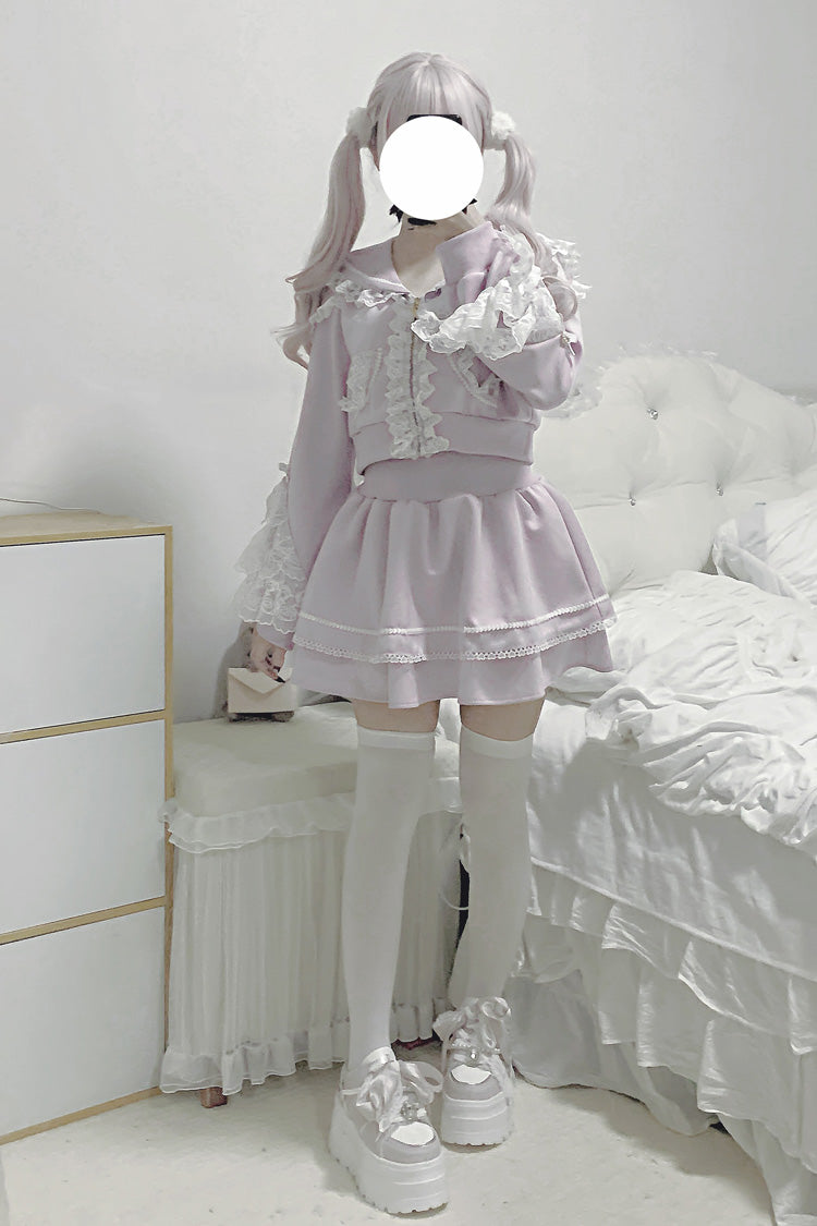 Lolita Skirt - Heartbeat Rhythm, Pink, Long Sleeves, Lace Trim, Ruffled - additional product view 2