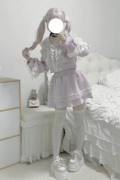 Lolita Skirt - Heartbeat Rhythm, Pink, Long Sleeves, Lace Trim, Ruffled - main product image