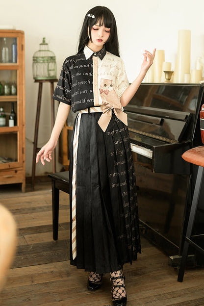 Lolita Skirt - High Waisted Orange Cat Print, Black, Long Length, High Waist, Printed - additional product view 3