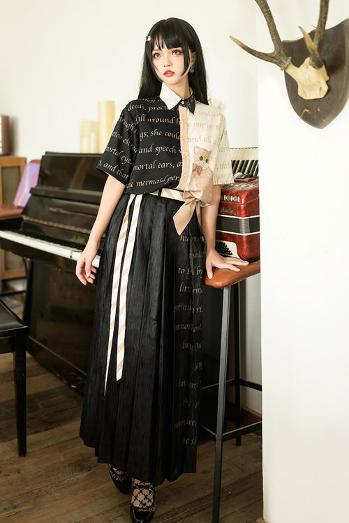 Lolita Skirt - High Waisted Orange Cat Print, Black, Long Length, High Waist, Printed - additional product view 4