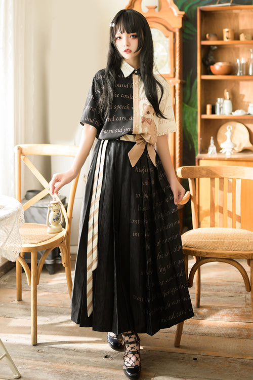 Lolita Skirt - High Waisted Orange Cat Print, Black, Long Length, High Waist, Printed - additional product view 5