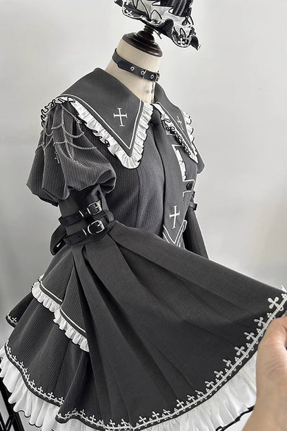 Lolita Skirt - Hime Ruffle Embroidery Buckle, Gray, Buckle Detail, Ruffled, Embroidered - additional product view 2