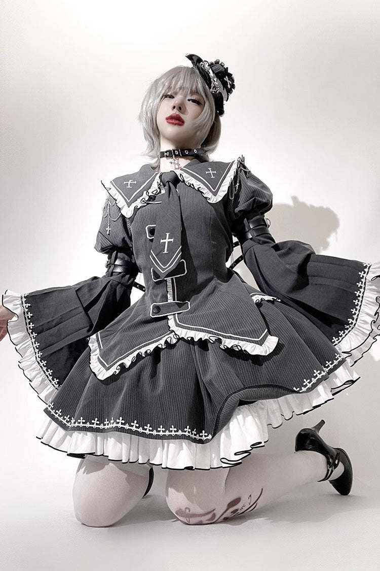 Lolita Skirt - Hime Ruffle Embroidery Buckle, Gray, Buckle Detail, Ruffled, Embroidered - additional product view 4