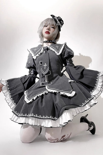 Lolita Skirt - Hime Ruffle Embroidery Buckle, Gray, Buckle Detail, Ruffled, Embroidered - additional product view 4