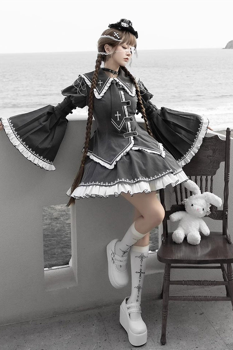 Lolita Skirt - Hime Ruffle Embroidery Buckle, Gray, Buckle Detail, Ruffled, Embroidered - additional product view 5