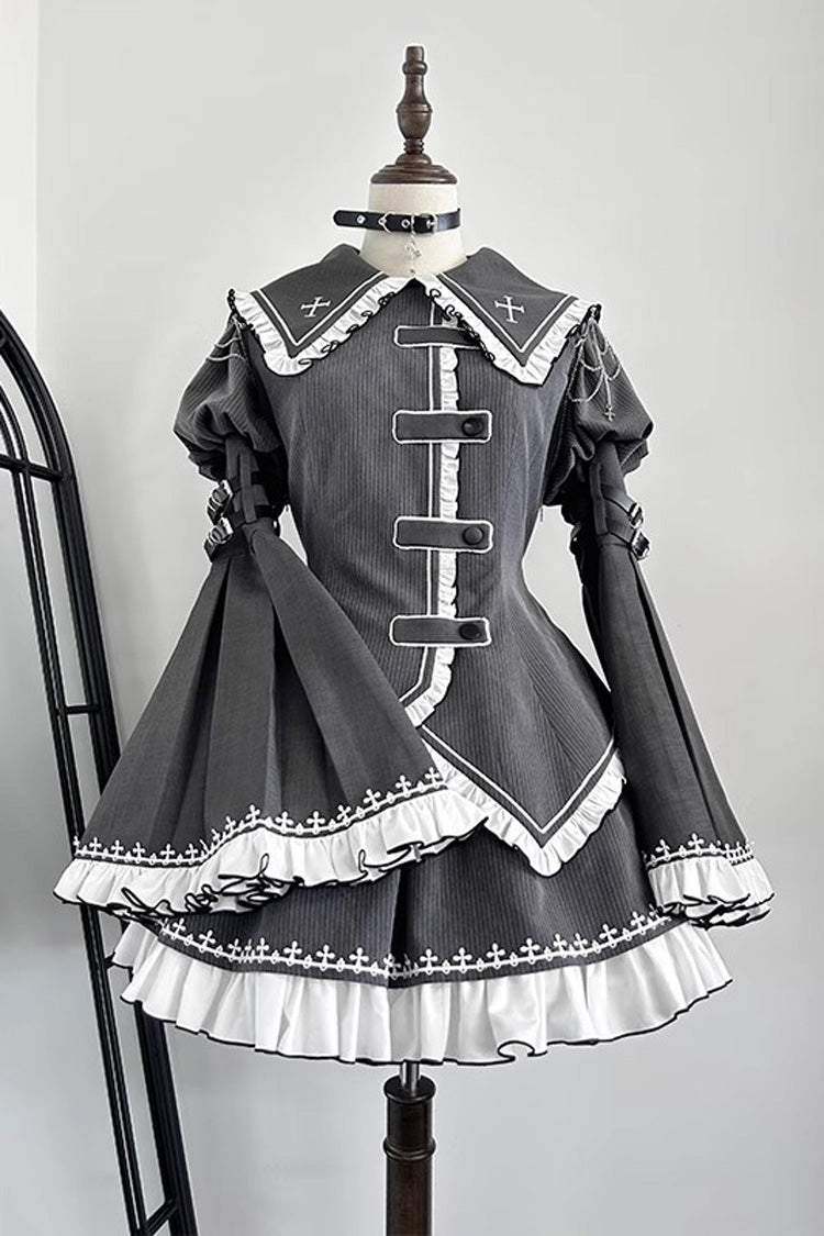 Lolita Skirt - Hime Ruffle Embroidery Buckle, Gray, Buckle Detail, Ruffled, Embroidered - main product image