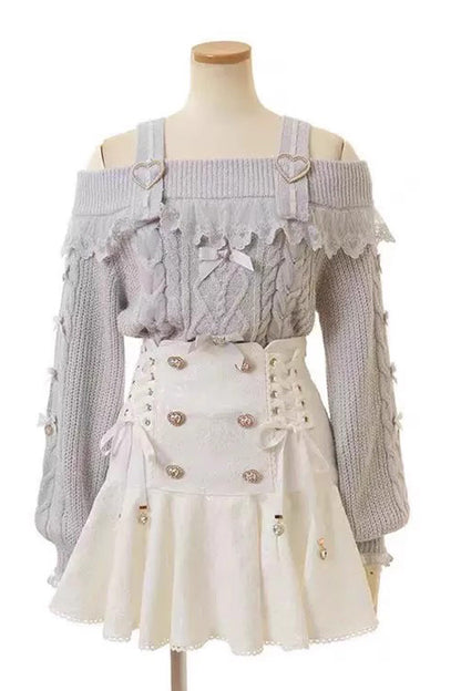 Lolita Skirt - Japanese, White, Double-Breasted, Bow Detail, Lace Trim - additional product view 2