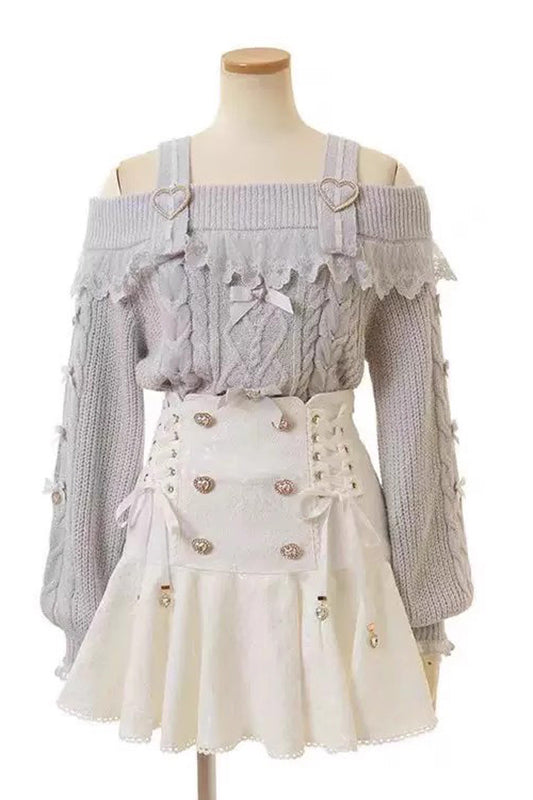 Lolita Skirt - Japanese, White, Double-Breasted, Bow Detail, Lace Trim - additional product view 2