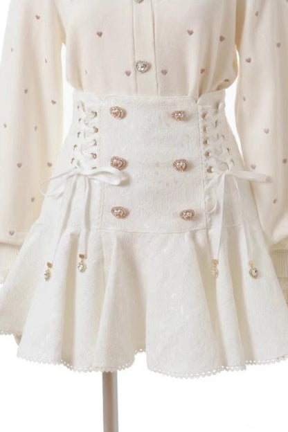 Lolita Skirt - Japanese, White, Double-Breasted, Bow Detail, Lace Trim - additional product view 3