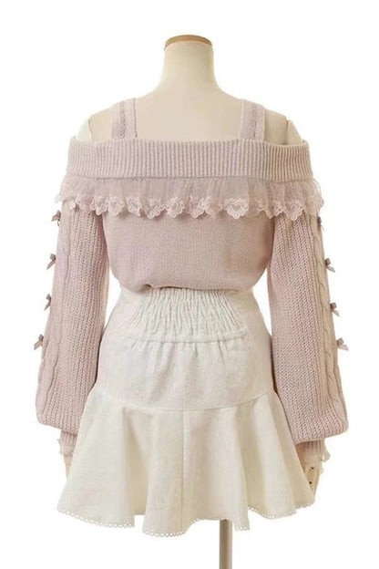 Lolita Skirt - Japanese, White, Double-Breasted, Bow Detail, Lace Trim - additional product view 4