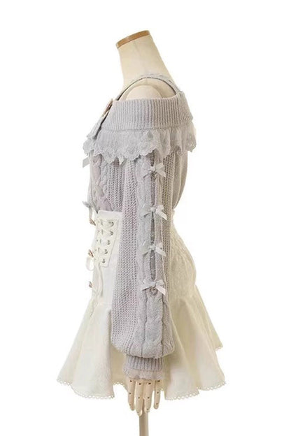 Lolita Skirt - Japanese, White, Double-Breasted, Bow Detail, Lace Trim - additional product view 5