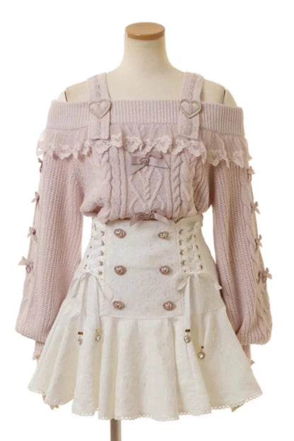 Lolita Skirt - Japanese, White, Double-Breasted, Bow Detail, Lace Trim - main product image