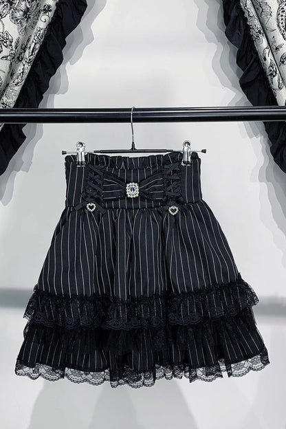 Lolita Skirt - Jirai Kei Triple-layered Printed, 3 Colors, Bow Detail, Lace Trim, Ruffled - additional product view 3