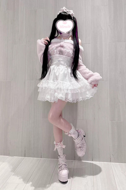 Lolita Skirt - Jirai Kei Triple-layered Printed, 3 Colors, Bow Detail, Lace Trim, Ruffled - additional product view 8
