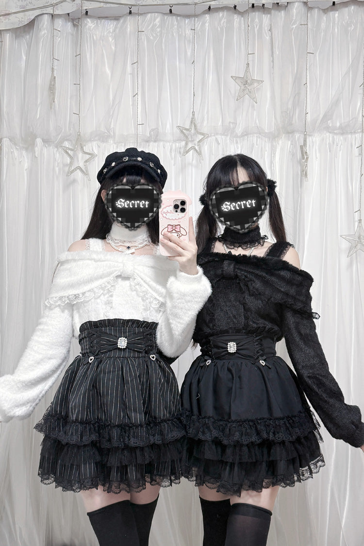 Lolita Skirt - Jirai Kei Triple-layered Printed, 3 Colors, Bow Detail, Lace Trim, Ruffled - additional product view 9
