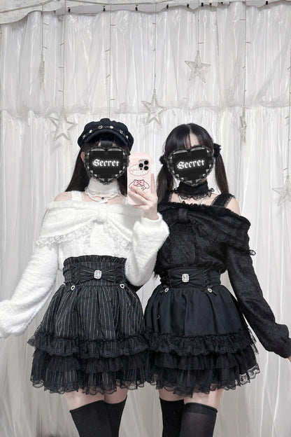 Lolita Skirt - Jirai Kei Triple-layered Printed, 3 Colors, Bow Detail, Lace Trim, Ruffled - additional product view 9