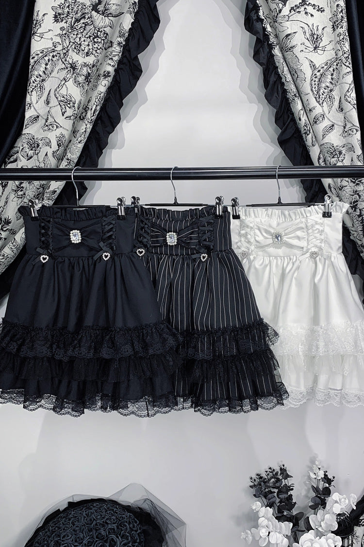 Lolita Skirt - Jirai Kei Triple-layered Printed, 3 Colors, Bow Detail, Lace Trim, Ruffled - main product image