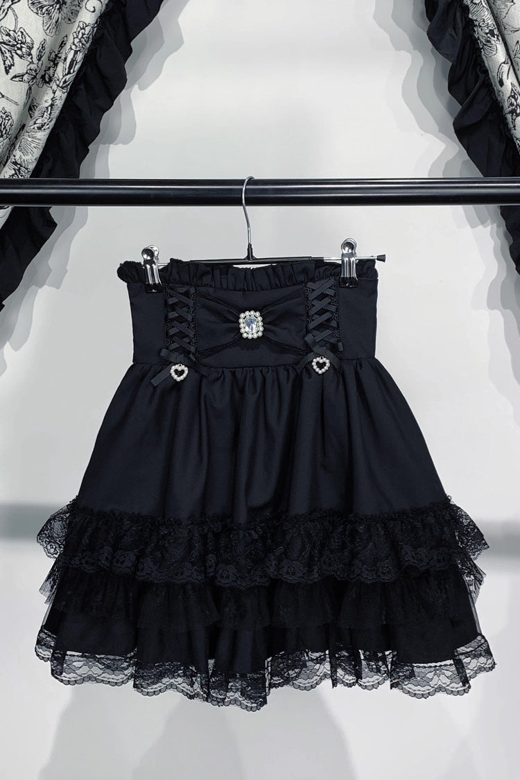 Lolita Skirt - Jirai Kei Triple-layered Printed, 3 Colors, Bow Detail, Lace Trim, Ruffled - S Black / M Black / L Black option