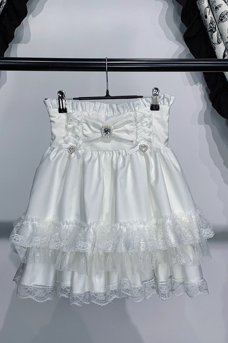 Lolita Skirt - Jirai Kei Triple-layered Printed, 3 Colors, Bow Detail, Lace Trim, Ruffled - S White / M White / L White option