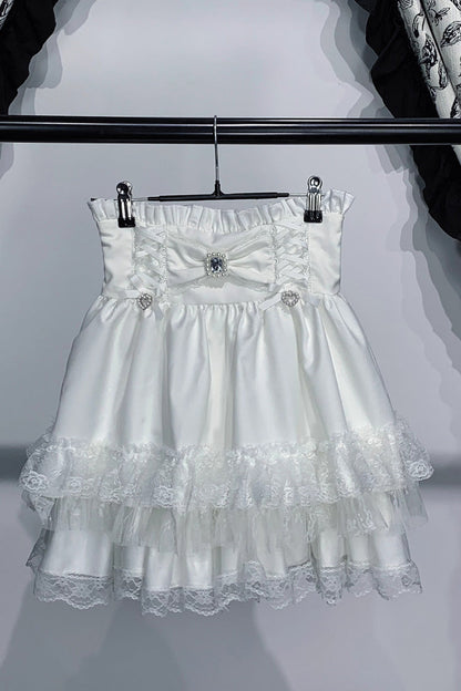 Lolita Skirt - Jirai Kei Triple-layered Printed, 3 Colors, Bow Detail, Lace Trim, Ruffled - S White / M White / L White option
