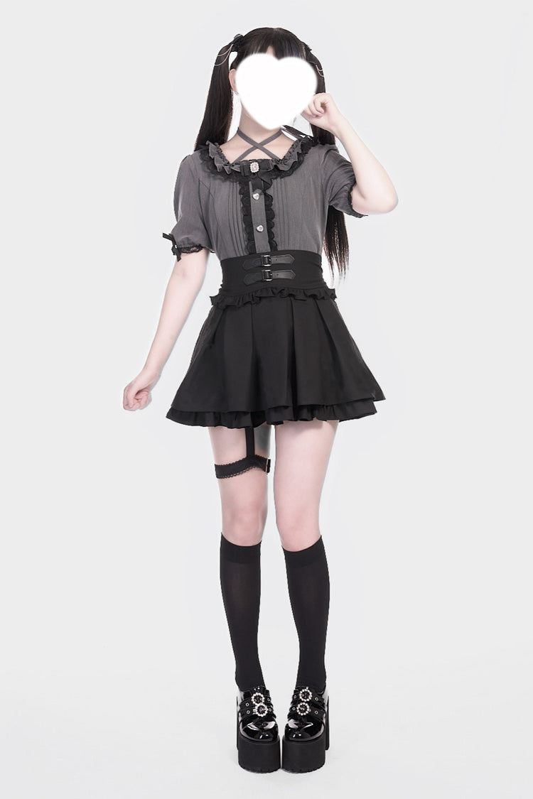 Lolita Skirt - Leather Buckle Leg Ring, Black, Buckle Detail, Ruffled, Layered - additional product view 2