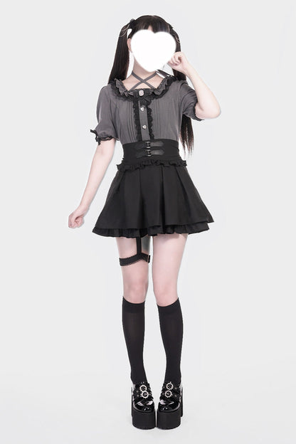 Lolita Skirt - Leather Buckle Leg Ring, Black, Buckle Detail, Ruffled, Layered - additional product view 2
