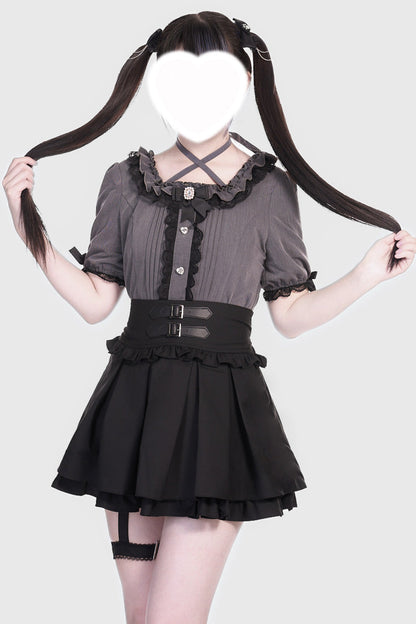Lolita Skirt - Leather Buckle Leg Ring, Black, Buckle Detail, Ruffled, Layered - additional product view 3