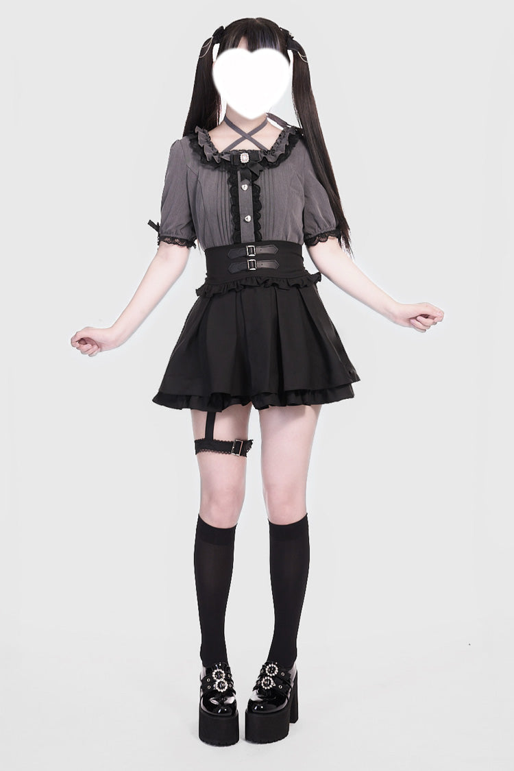 Lolita Skirt - Leather Buckle Leg Ring, Black, Buckle Detail, Ruffled, Layered - additional product view 4