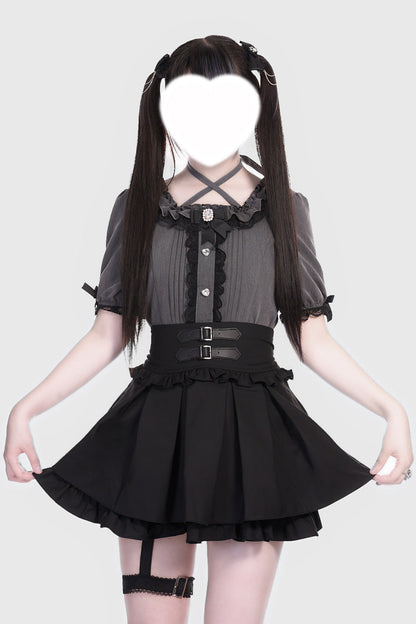 Lolita Skirt - Leather Buckle Leg Ring, Black, Buckle Detail, Ruffled, Layered - main product image