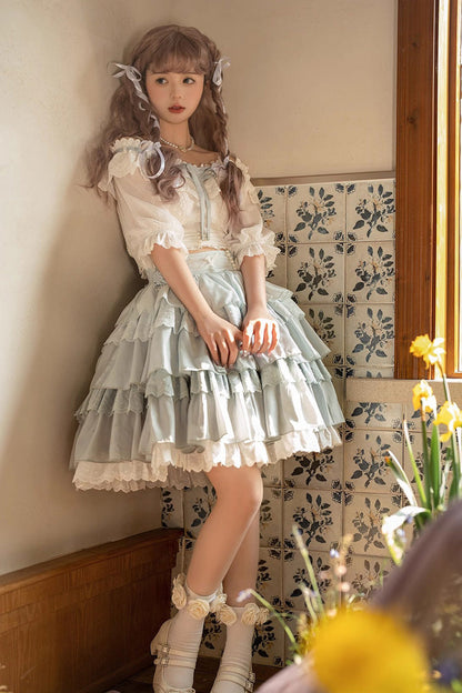 Lolita Skirt - Light Blue Rose Multi-layer, Blue, Sweet Style, Ruffled - additional product view 2