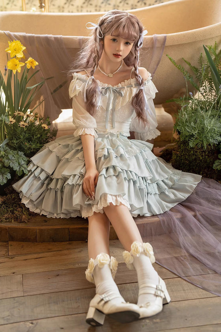 Lolita Skirt - Light Blue Rose Multi-layer, Blue, Sweet Style, Ruffled - additional product view 3